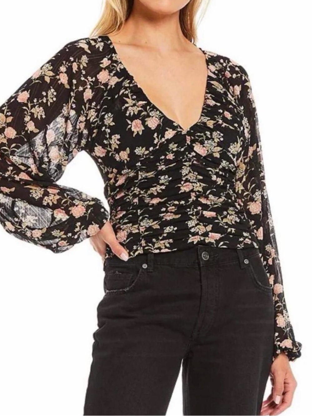 Free People Black Floral Ruched Long-Sleeve Blouse - Pink Floral